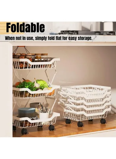 5-Layer Stackable Rectangular Storage Baskets with 360° Rotatable Wheels, Foldable Fruit &amp; Vegetable Storage Shelf, Storage Rack, Metal Wire Baskets, Utility Cart Rack for Kitchen (W35 x D27 x H95)cm - White