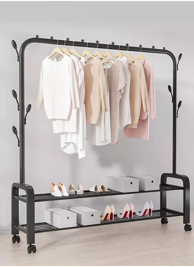 2-in-1 Modern Wheeled Garment Rack with Ample Hanging Space, Shoe Storage Sturdy Iron &amp; Plastic Design (W110 x D55 x H150)cm - Black