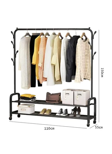 2-in-1 Modern Wheeled Garment Rack with Ample Hanging Space, Shoe Storage Sturdy Iron &amp; Plastic Design (W110 x D55 x H150)cm - Black
