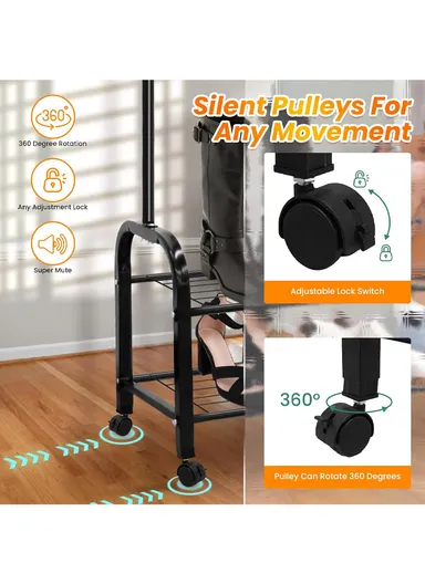 2-in-1 Modern Wheeled Garment Rack with Ample Hanging Space, Shoe Storage Sturdy Iron &amp; Plastic Design (W110 x D55 x H150)cm - Black