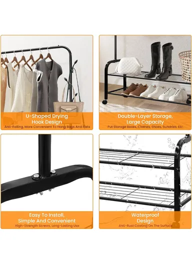 2-in-1 Modern Wheeled Garment Rack with Ample Hanging Space, Shoe Storage Sturdy Iron &amp; Plastic Design (W110 x D55 x H150)cm - Black