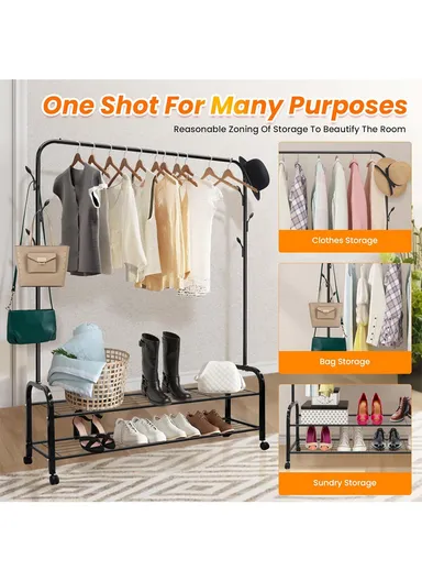 2-in-1 Modern Wheeled Garment Rack with Ample Hanging Space, Shoe Storage Sturdy Iron &amp; Plastic Design (W110 x D55 x H150)cm - Black