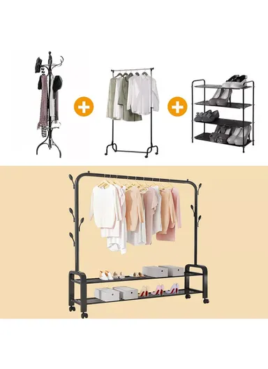 2-in-1 Modern Wheeled Garment Rack with Ample Hanging Space, Shoe Storage Sturdy Iron &amp; Plastic Design (W110 x D55 x H150)cm - Black