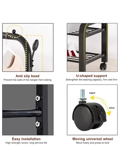 2-in-1 Modern Wheeled Garment Rack with Ample Hanging Space, Shoe Storage Sturdy Iron &amp; Plastic Design (W110 x D55 x H150)cm - Black
