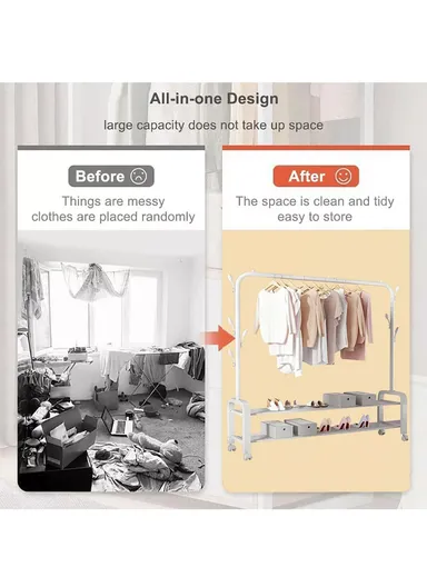 2-in-1 Modern Wheeled Garment Rack with Ample Hanging Space, Shoe Storage Sturdy Iron &amp; Plastic Design (W110 x D55 x H150)cm - Black