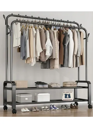2-in-1 Modern Wheeled Garment Rack with Ample Hanging Space, Shoe Storage Sturdy Iron &amp; Plastic Design (H110 x D55 x W150)cm