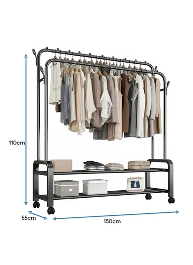 2-in-1 Modern Wheeled Garment Rack with Ample Hanging Space, Shoe Storage Sturdy Iron &amp; Plastic Design (H110 x D55 x W150)cm