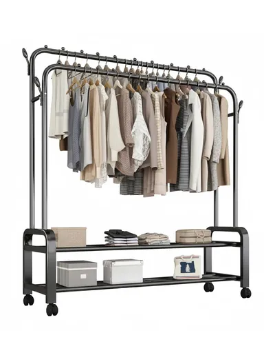 2-in-1 Modern Wheeled Garment Rack with Ample Hanging Space, Shoe Storage Sturdy Iron &amp; Plastic Design (H110 x D55 x W150)cm