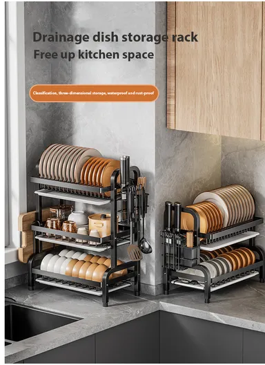3-Layer Stainless Steel Dish Rack with Detachable Drainboard &amp; Cutlery Holder R3F (W53 x D22 x H60 cm)