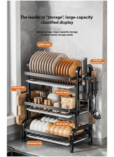 3-Layer Stainless Steel Dish Rack with Detachable Drainboard &amp; Cutlery Holder R3F (W53 x D22 x H60 cm)