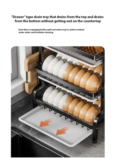 3-Layer Stainless Steel Dish Rack with Detachable Drainboard &amp; Cutlery Holder R3F (W53 x D22 x H60 cm)