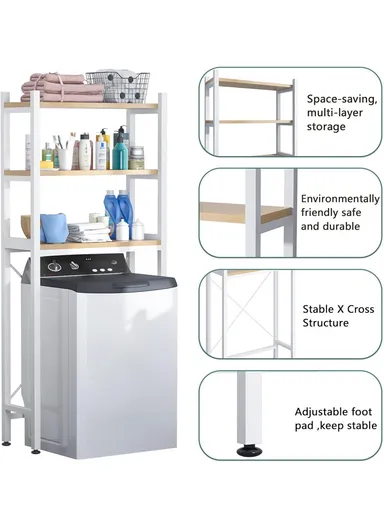 3-Shelves Multifunctional Over Washing Machine Bathroom Organizer for Space Saving Z-02 (W69 x D30 x H180)cm - White