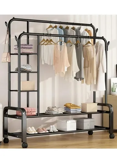 2 Layers &amp; 2 Hangers  Modern Metal Clothes Rack Wheeled, Sturdy, and Rust-Resistant for Ample Storage YP-618