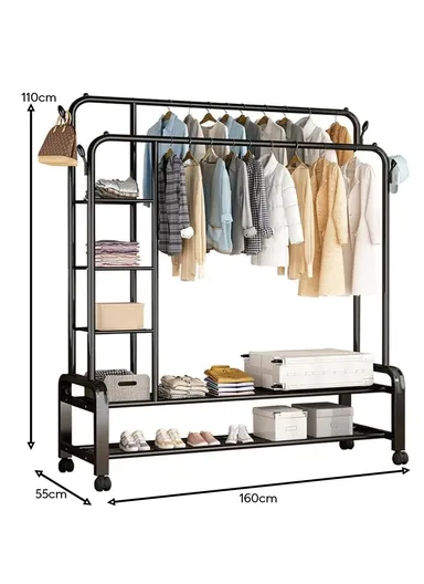 2 Layers &amp; 2 Hangers  Modern Metal Clothes Rack Wheeled, Sturdy, and Rust-Resistant for Ample Storage YP-618