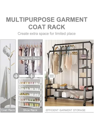 2 Layers &amp; 2 Hangers  Modern Metal Clothes Rack Wheeled, Sturdy, and Rust-Resistant for Ample Storage YP-618