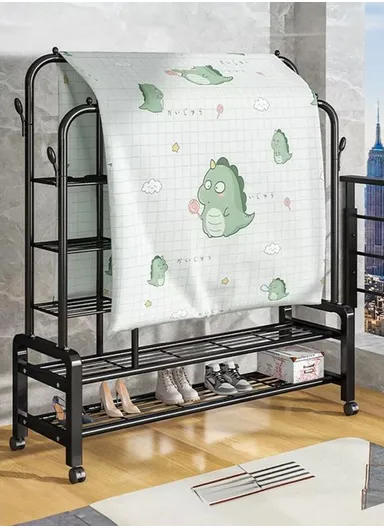 2 Layers &amp; 2 Hangers  Modern Metal Clothes Rack Wheeled, Sturdy, and Rust-Resistant for Ample Storage YP-618