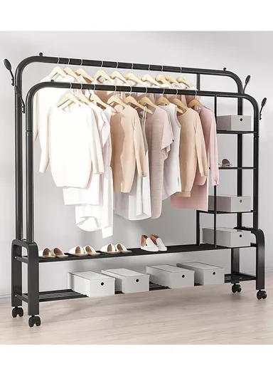 2 Layers &amp; 2 Hangers  Modern Metal Clothes Rack Wheeled, Sturdy, and Rust-Resistant for Ample Storage YP-618