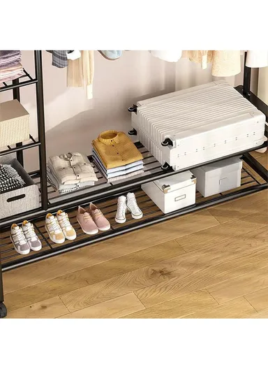 2 Layers &amp; 2 Hangers  Modern Metal Clothes Rack Wheeled, Sturdy, and Rust-Resistant for Ample Storage YP-618