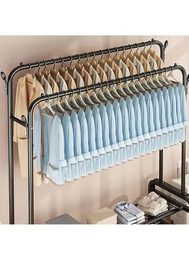 2 Layers &amp; 2 Hangers  Modern Metal Clothes Rack Wheeled, Sturdy, and Rust-Resistant for Ample Storage YP-618