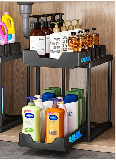 2-Drawer Rack Kitchen Organizer, Multi-Purpose Countertop Rack Organizer W-518 (L40 x W22 x H36)cm - Black