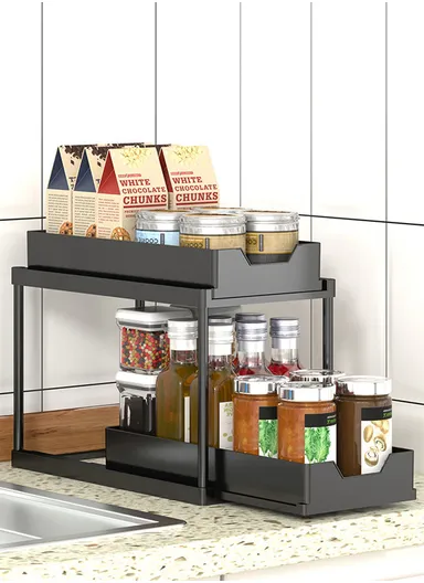 2-Drawer Rack Kitchen Organizer, Multi-Purpose Countertop Rack Organizer W-518 (L40 x W22 x H36)cm - Black