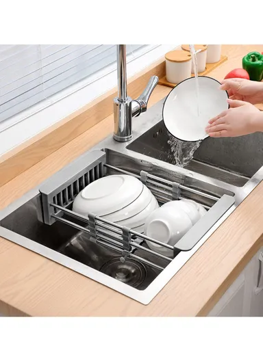 Stainless Steel Telescopic Fret Drying Rack, Organizer Rack for Utensils &amp; Storage Kitchen, Retractable Sink Holder 8819 (L30-44 x W22 x H9)cm