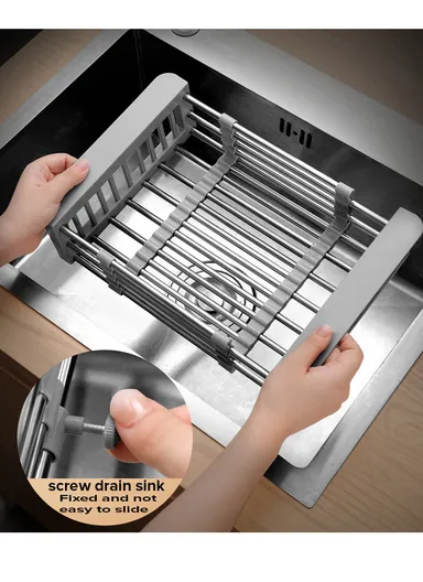 Stainless Steel Telescopic Fret Drying Rack, Organizer Rack for Utensils &amp; Storage Kitchen, Retractable Sink Holder 8819 (L30-44 x W22 x H9)cm