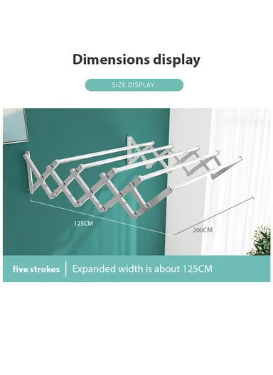 5-Tubes Wall-Mounted Folding Drying Rack, Space-Saving, Durable Stainless Steel with Dual Installation Options (W200 x D125 x H40)cm