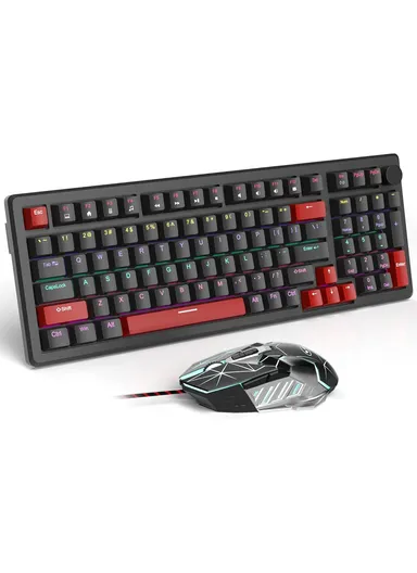 USB Type-C 98 Keys Mechanical Gaming Keyboard &amp; Mouse Set with Customizable 15 Keycaps, 16 LED Modes, 7 Mouse Buttons &amp; 6-Speed Mouse MK-Star98 