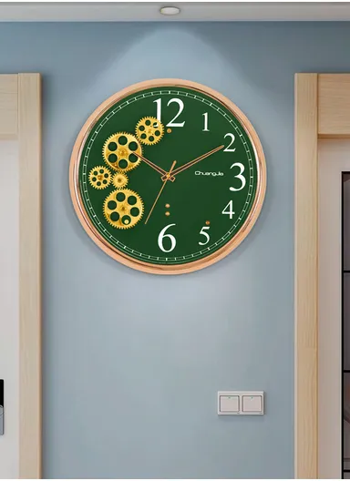38cm Decorative Silent Round Mechanical Style Design Wall Clock Battery Operated For Home, Office - Green