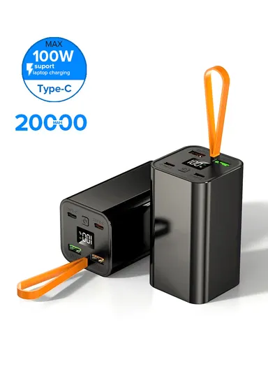 20000mAh 100W Slim Portable Super Fast Charging Power Bank Support Laptop Charging With 2 USB, 2 Type-C Ports, Digital Display &amp; lanyard PB3W100