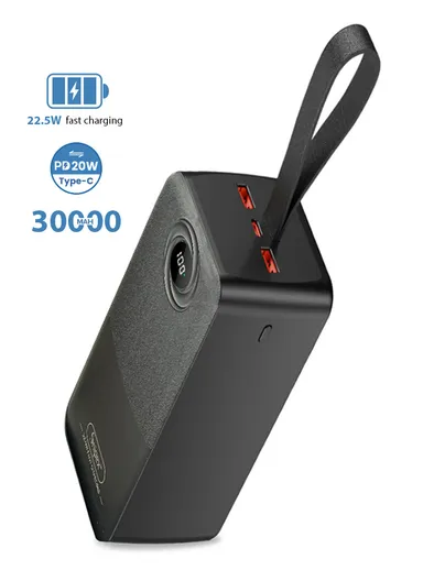 30000mAh 22.5W Slim Portable Fast Charging Power Bank 1 Type-C &amp; 3 USB Ports with Digital Display &amp; Leather Hanging Rope PB304