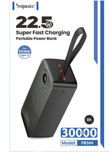 30000mAh 22.5W Slim Portable Fast Charging Power Bank 1 Type-C &amp; 3 USB Ports with Digital Display &amp; Leather Hanging Rope PB304