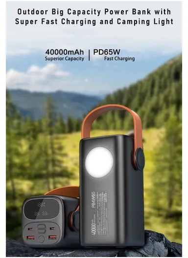 40000mAh 65W Portable Fast Charging Power Bank 2 Type-C &amp; 2 USB Ports Support Laptop Charging with 5 Modes of Lighting, Digital Display &amp; Leather Hanging Rope PB4W65