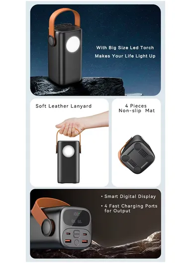40000mAh 65W Portable Fast Charging Power Bank 2 Type-C &amp; 2 USB Ports Support Laptop Charging with 5 Modes of Lighting, Digital Display &amp; Leather Hanging Rope PB4W65