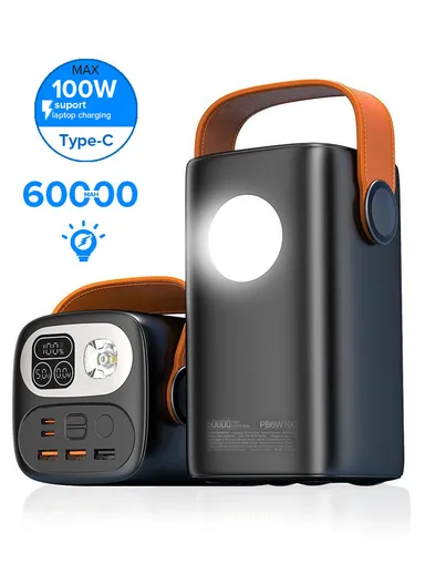 60000mAh 100W Portable Fast Charging Power Bank 2 Type-C &amp; 3 USB Ports Support Laptop Charging with 5 Modes of Lighting, Digital Display &amp; Leather Hanging Rope PB6W100