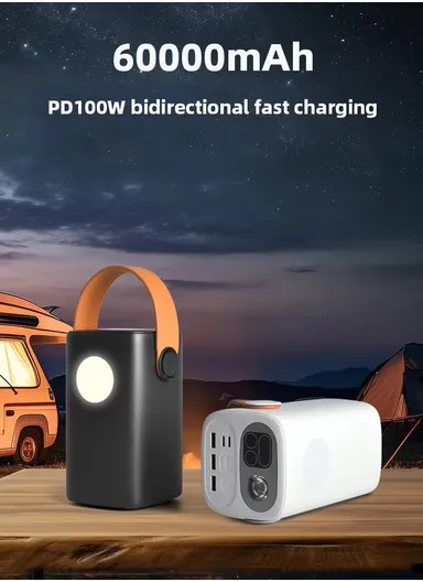 60000mAh 100W Portable Fast Charging Power Bank 2 Type-C &amp; 3 USB Ports Support Laptop Charging with 5 Modes of Lighting, Digital Display &amp; Leather Hanging Rope PB6W100