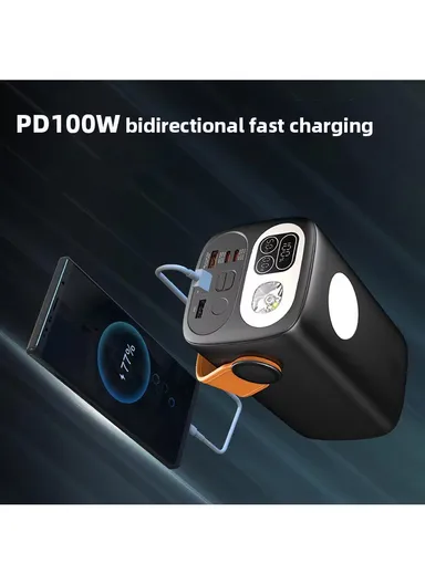 60000mAh 100W Portable Fast Charging Power Bank 2 Type-C &amp; 3 USB Ports Support Laptop Charging with 5 Modes of Lighting, Digital Display &amp; Leather Hanging Rope PB6W100
