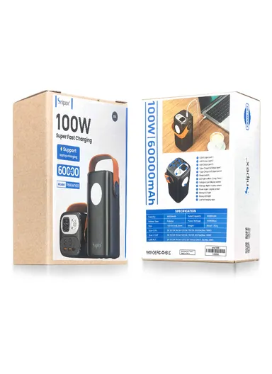 60000mAh 100W Portable Fast Charging Power Bank 2 Type-C &amp; 3 USB Ports Support Laptop Charging with 5 Modes of Lighting, Digital Display &amp; Leather Hanging Rope PB6W100