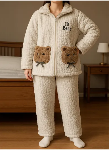Cozy Flannel Pajamas Soft, Fluffy &amp; Lightweight With Zipper Thick Excellent Warmth &amp; Comfort Perfect For Lounging at Home - Beige