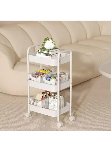 3-Layer Multi-Functional Rectangular Rolling Storage Cart Basket with 360° Rotatable Wheels Fruit &amp; Vegetable Storage Shelf (W45 x D30 x H76)cm