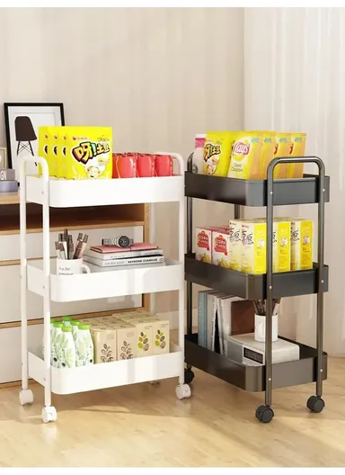 3-Layer Multi-Functional Rectangular Rolling Storage Cart Basket with 360° Rotatable Wheels Fruit &amp; Vegetable Storage Shelf (W45 x D30 x H76)cm