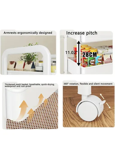 3-Layer Multi-Functional Rectangular Rolling Storage Cart Basket with 360° Rotatable Wheels Fruit &amp; Vegetable Storage Shelf (W45 x D30 x H76)cm