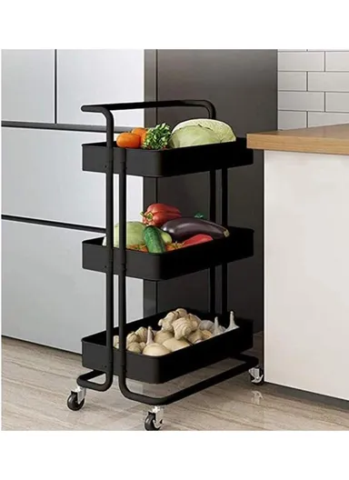 3-Layer Multi-Functional Rectangular Rolling Storage Cart Basket with 360° Rotatable Wheels Fruit &amp; Vegetable Storage Shelf (W43 x D37 x H82)cm - Black