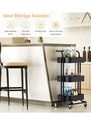 3-Layer Multi-Functional Rectangular Rolling Storage Cart Basket with 360° Rotatable Wheels Fruit &amp; Vegetable Storage Shelf (W43 x D37 x H82)cm - Black