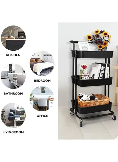 3-Layer Multi-Functional Rectangular Rolling Storage Cart Basket with 360° Rotatable Wheels Fruit &amp; Vegetable Storage Shelf (W43 x D37 x H82)cm - Black