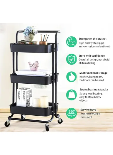 3-Layer Multi-Functional Rectangular Rolling Storage Cart Basket with 360° Rotatable Wheels Fruit &amp; Vegetable Storage Shelf (W43 x D37 x H82)cm - Black