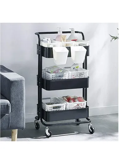 3-Layer Multi-Functional Rectangular Rolling Storage Cart Basket with 360° Rotatable Wheels Fruit &amp; Vegetable Storage Shelf (W43 x D37 x H82)cm - Black
