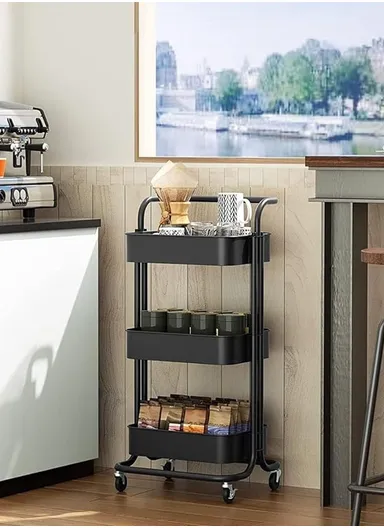 3-Layer Multi-Functional Rectangular Rolling Storage Cart Basket with 360° Rotatable Wheels Fruit &amp; Vegetable Storage Shelf (W43 x D37 x H82)cm - Black