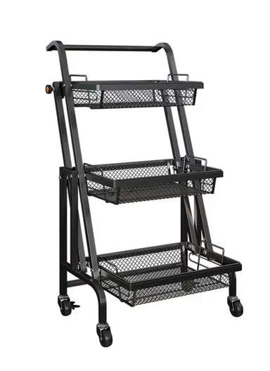 3-Tier Adjustable 90° to 180° Rolling Utility Cart with Removable Metal Mesh Baskets and Lockable Wheels, Multi-Use Foldable Storage Cart Organizer (L44 x W30 x H94.5)cm - Black